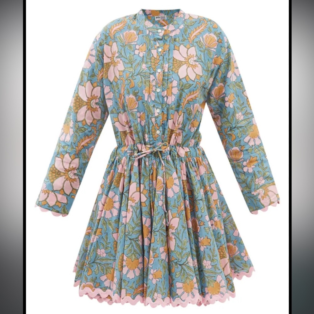 Juliet Dunn Block Print Long Sleeve Beach Dress, Denim Blue Multi | size 0